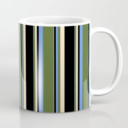 [ Thumbnail: Cornflower Blue, Dark Olive Green, Bisque, and Black Colored Striped Pattern Coffee Mug ]
