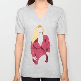 Blonde thick girl in red robe V Neck T Shirt