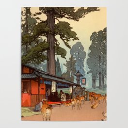 Deer at Kasuga Shrine by Hiroshi Yoshida - Japanese Vintage Ukiyo-e Woodblock Print Poster