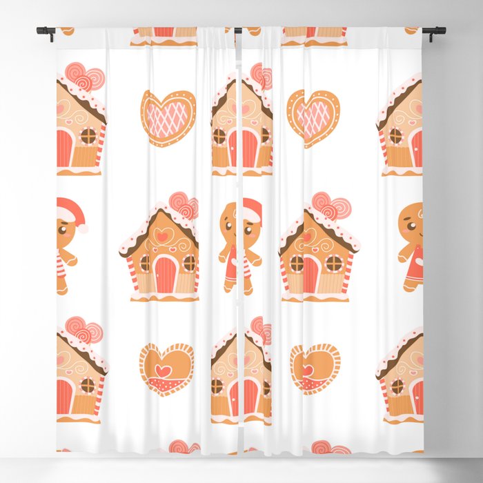 Christmas Gingerbread Man and Houses Seamless Pattern on White Background Blackout Curtain