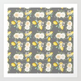 Lemons and White Flowers Pattern On Grey Background Art Print