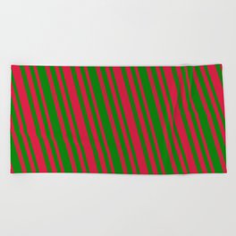 [ Thumbnail: Green and Crimson Colored Lined/Striped Pattern Beach Towel ]