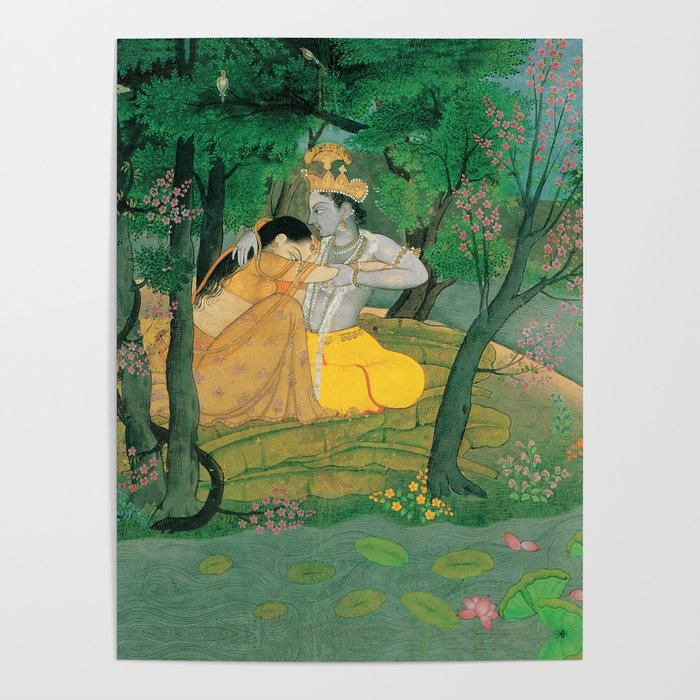 Radha and Krishna embrace in a grove of flowering trees Poster