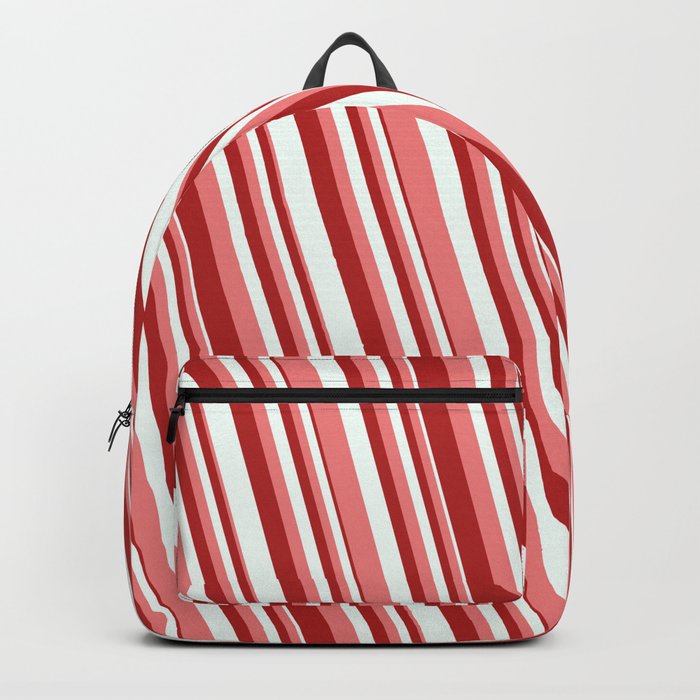 Light Coral, Red & Mint Cream Colored Stripes Pattern Backpack