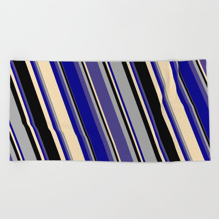 Dark Gray, Dark Slate Blue, Dark Blue, Tan, and Black Colored Striped Pattern Beach Towel