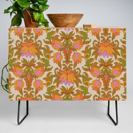 Orange, Pink Flowers and Green Leaves 1960s Retro Vintage Pattern Credenza