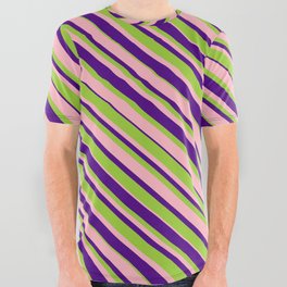 [ Thumbnail: Green, Light Pink & Indigo Colored Striped Pattern All Over Graphic Tee ]