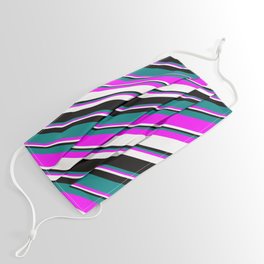 [ Thumbnail: Teal, Fuchsia, White, and Black Colored Lined/Striped Pattern Face Mask ]