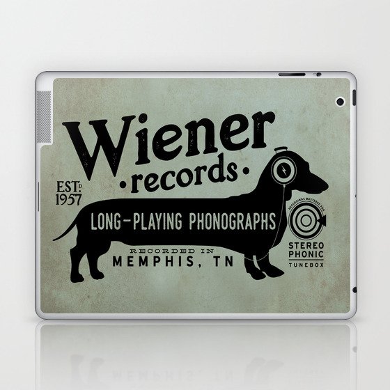 Wiener dachshund doxie records music musician audiophile headphones dog art Laptop & iPad Skin