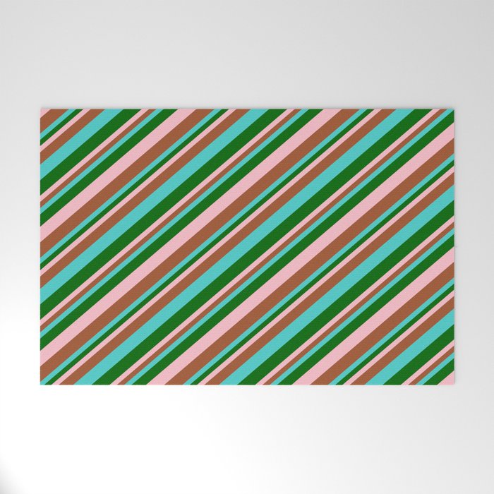 Turquoise, Dark Green, Pink, and Sienna Colored Lines Pattern Welcome Mat