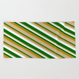[ Thumbnail: Dark Goldenrod, Tan, Mint Cream & Dark Green Colored Lined/Striped Pattern Beach Towel ]