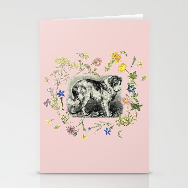 St. Bernard Dog & Alpine Wildflowers - Pink Stationery Cards