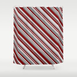 [ Thumbnail: Grey, Maroon, and Light Gray Colored Stripes Pattern Shower Curtain ]