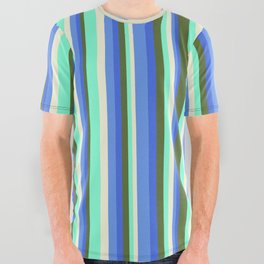 [ Thumbnail: Eyecatching Dark Olive Green, Royal Blue, Cornflower Blue, Beige, Aquamarine Colored Stripes Pattern All Over Graphic Tee ]