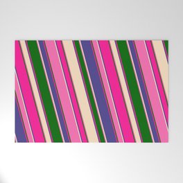 [ Thumbnail: Eye-catching Deep Pink, Dark Slate Blue, Bisque, Hot Pink, and Dark Green Colored Stripes Pattern Welcome Mat ]