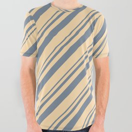 [ Thumbnail: Light Slate Gray & Tan Colored Lines Pattern All Over Graphic Tee ]