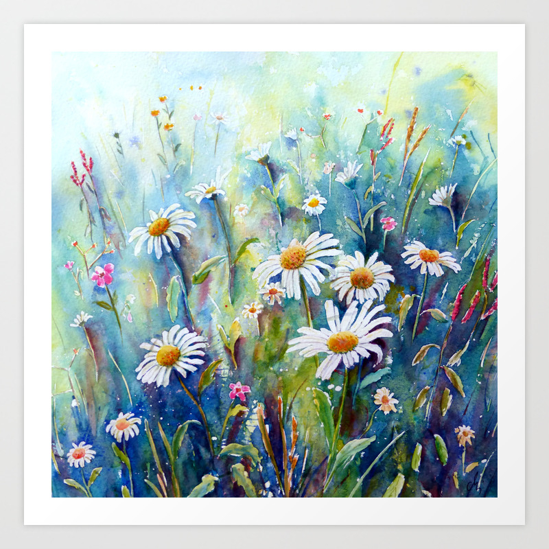 watercolor daisy field art print by chengjing