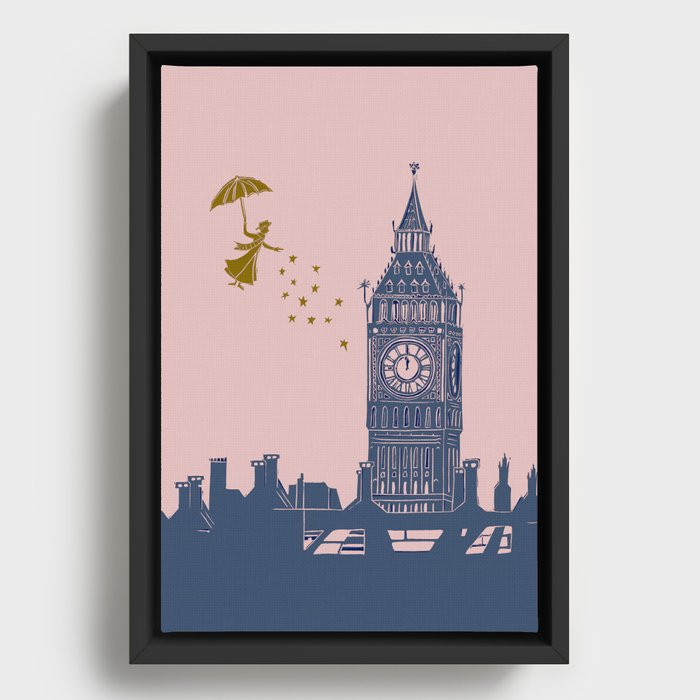 Mary Poppins and Big Ben in Pink and Blue Framed Canvas
