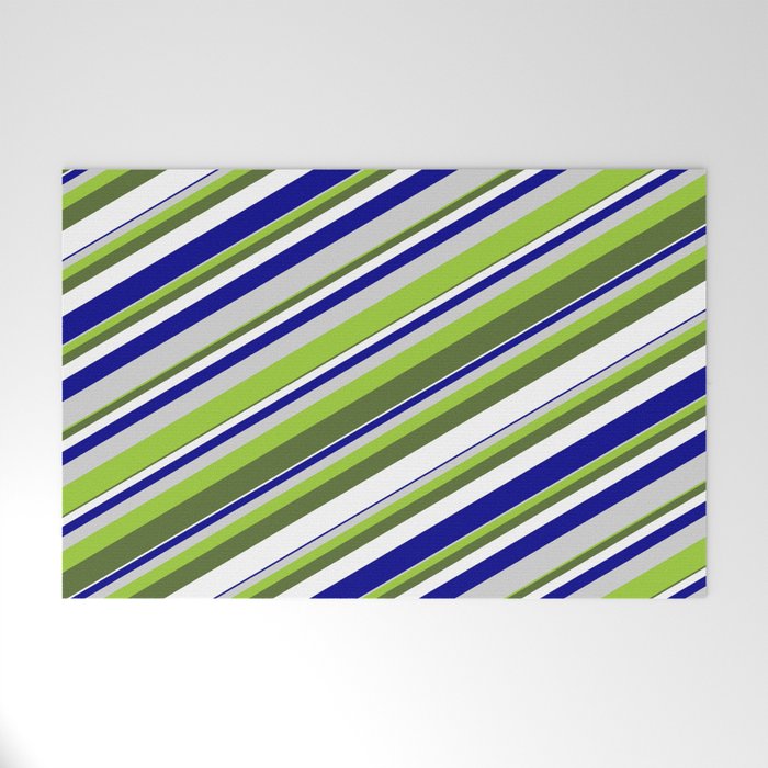 Vibrant Green, Dark Olive Green, White, Dark Blue & Light Grey Colored Lines/Stripes Pattern Welcome Mat