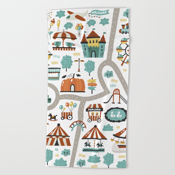 Amusement Park Map Pattern Beach Towel