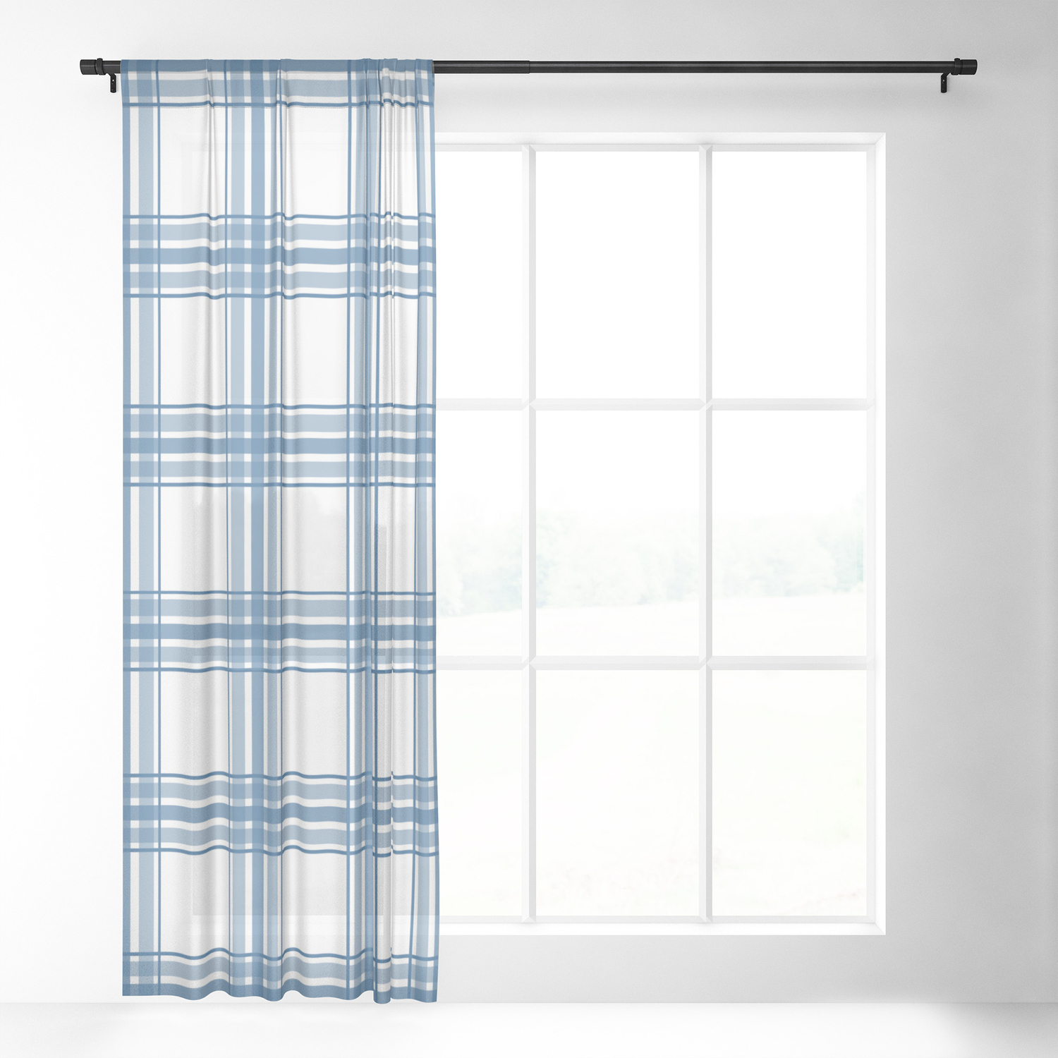 Farmhouse Plaid In Blue On White Sheer Curtain By Fischerfinearts