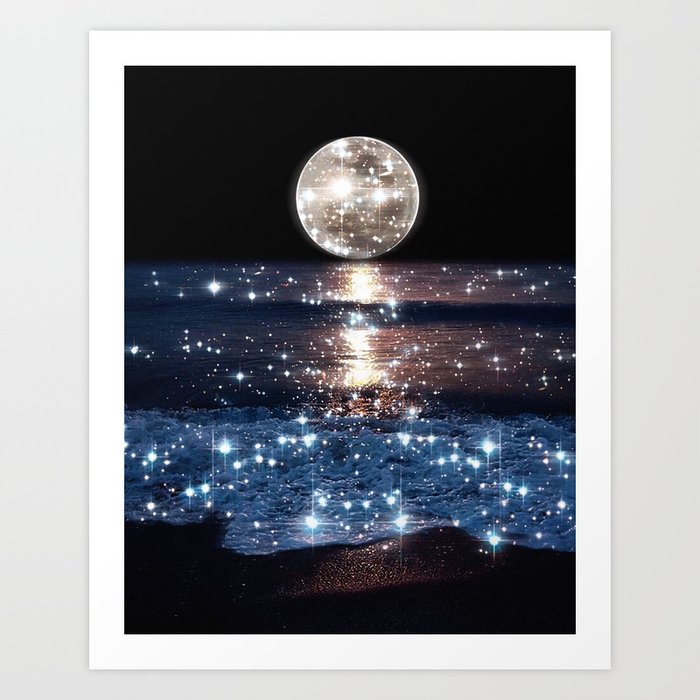 SUNSET | magical | stars | moon | night | waves | moon | sky | beach | ocean | sea | blue | bling  Art Print