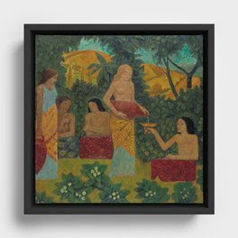 Libations, tropical mythical forest with five nude female figures floral landscape painting by Paul Serusier Framed Canvas