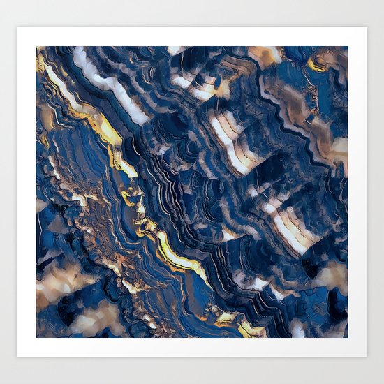 Blue marble with Golden streaks Art Print
