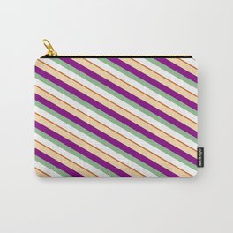 [ Thumbnail: Colorful Tan, Purple, Dark Sea Green, White, and Chocolate Colored Lines/Stripes Pattern Carry-All Pouch ]