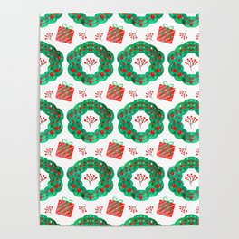 Christmas Pattern Watercolor Wreath Gifts Floral Poster