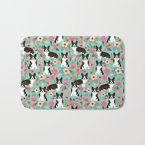 Brindle Cardigan Corgi Florals - cute corgi design, corgi owners will love this mint florals corgi Bath Mat