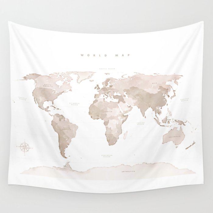 Beige World Map Art Wall Tapestry