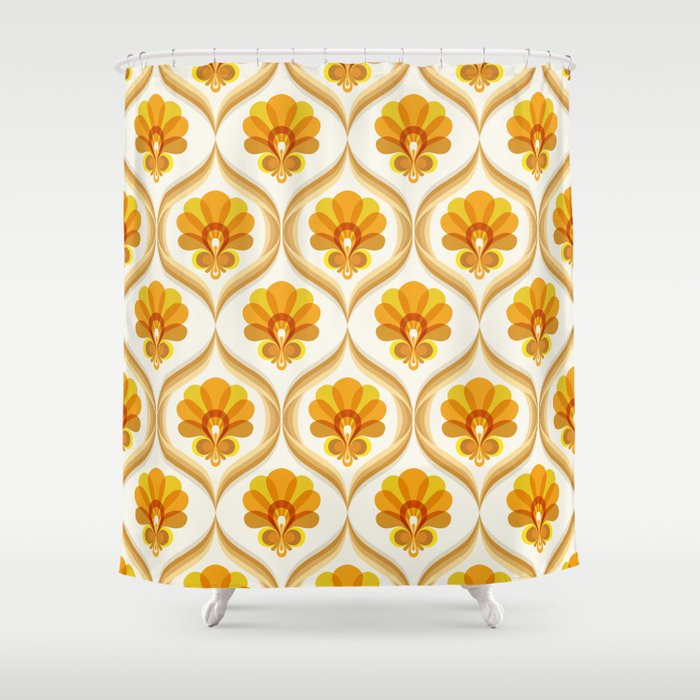 Ivory, Orange, Yellow and Brown Floral Retro Vintage Pattern Shower Curtain