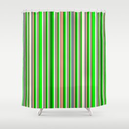 [ Thumbnail: Eyecatching Lime, Green, Dark Salmon, Slate Gray & Beige Colored Striped/Lined Pattern Shower Curtain ]