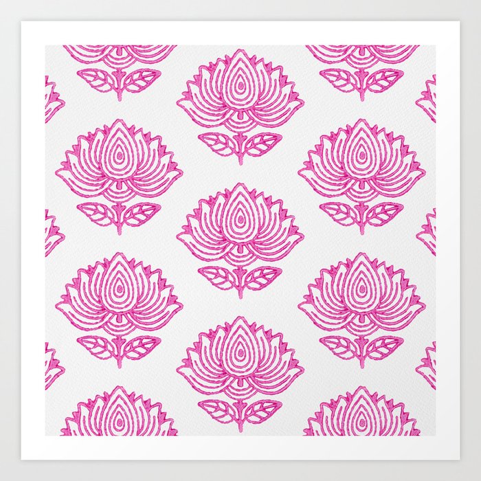 Pink Indian Woodblock Lotus Pattern Art Print