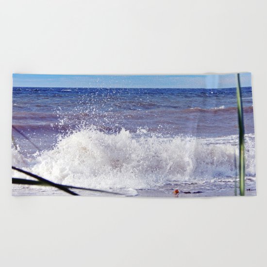 Wave Crashing onto the Beach Beach Towel