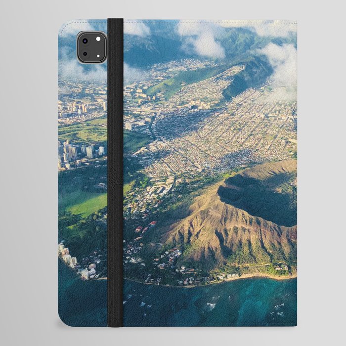 Diamond Head crater volcano; Island of Oahu, Waikiki, Hawaii aerial coastal color Pacific Ocean landscape photograph / photography iPad Folio Case