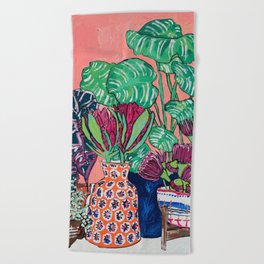 Cluster of Houseplants and Proteas on Pink Still Life Painting Beach Towel