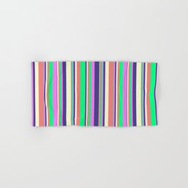 [ Thumbnail: Vibrant Light Coral, Green, Violet, Dark Slate Blue, and Light Yellow Colored Pattern of Stripes Hand & Bath Towel ]