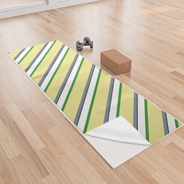 [ Thumbnail: Eye-catching Slate Gray, Tan, Forest Green, White, and Black Colored Lined Pattern Yoga Towel ]