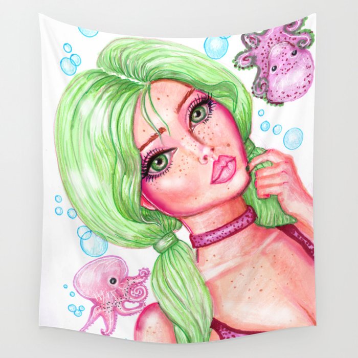 Seaweed And Friends Girl With Green Hair And Cute Baby Octopus Fantasy Art Mermaid Wall Tapestry By Laurieleighart