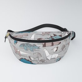 Origami dino friends // grey linen texture blue dinosaurs Fanny Pack