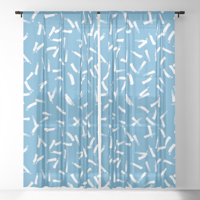 White brush strokes on a blue background Sheer Curtain