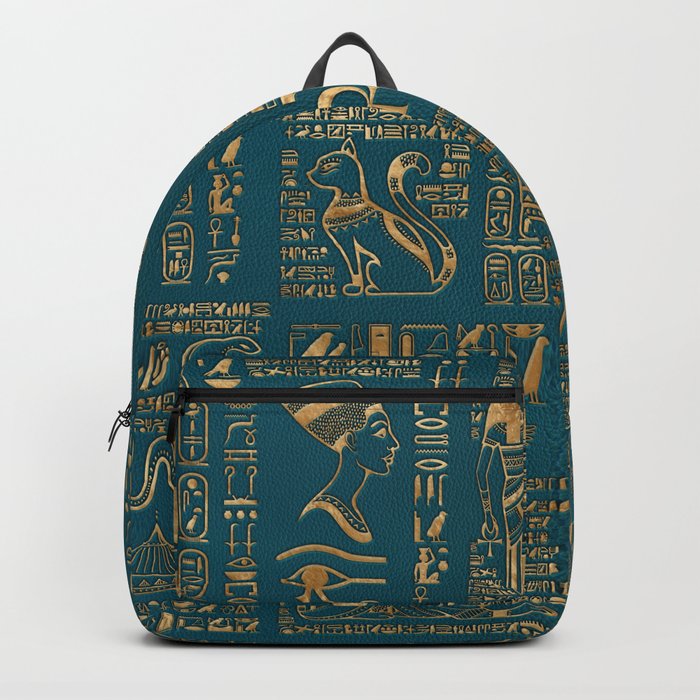 Egyptian hieroglyphs and deities - Gold on teal Backpack