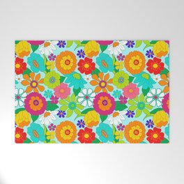 Retro Groovy Hippie Flowers Pattern Welcome Mat