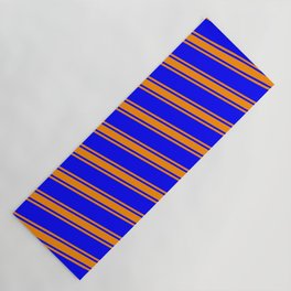 [ Thumbnail: Blue and Dark Orange Colored Lined/Striped Pattern Yoga Mat ]