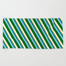 [ Thumbnail: Vibrant Teal, Light Sky Blue, Dark Green, White, and Orange Colored Pattern of Stripes Beach Towel ]
