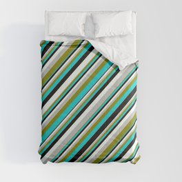 [ Thumbnail: Colorful Grey, Green, Dark Turquoise, Black, and Mint Cream Colored Lined/Striped Pattern Comforter ]
