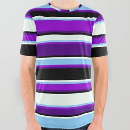 [ Thumbnail: Vibrant Light Sky Blue, Dark Violet, Indigo, Black, and Mint Cream Colored Striped Pattern All Over Graphic Tee ]