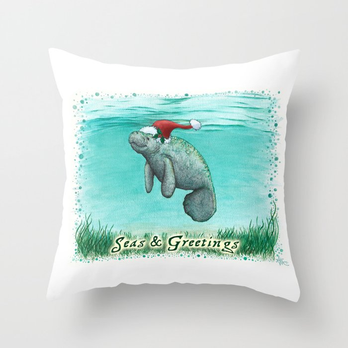 Seas and Greetings ~ "Mossy Manatee" by Amber Marine ~ Watercolor ~ (Copyright 2016) Throw Pillow
